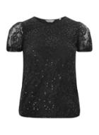 Dorothy Perkins Petite Black Sequin Ruched Sleeve T-shirt