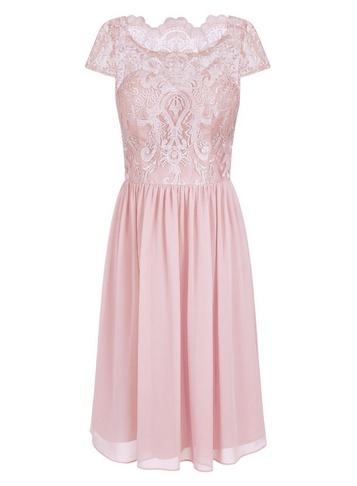 *chi Chi London Pink Embroidered Midi Skater Dress