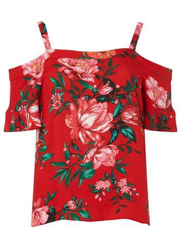 Dorothy Perkins Petite Red Floral Cold Shoulder Top