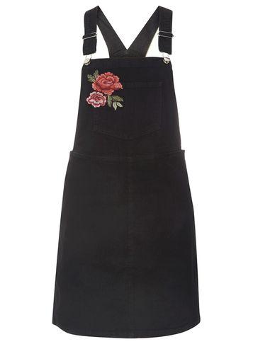 Dorothy Perkins *tall Black Embroidered Pinny Dress