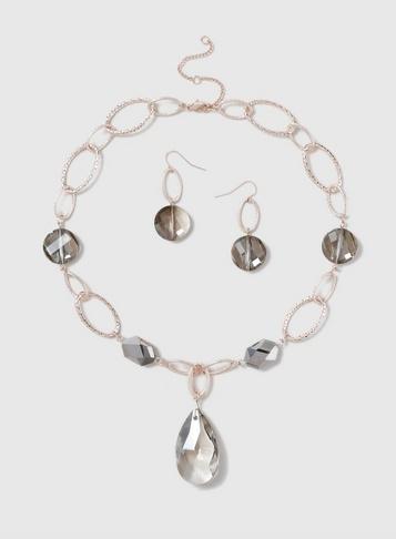 Dorothy Perkins Rose Gold Facet Necklace Earring Set