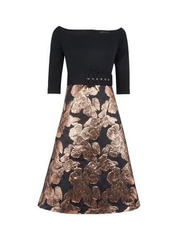 *luxe Rose Gold Jaquard Belted Bardot Dress