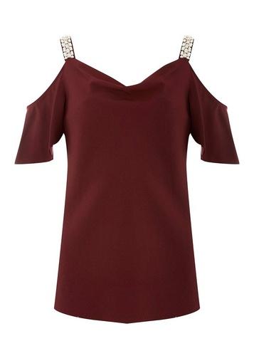 Dorothy Perkins Wine Pearl Cold Shoulder Top