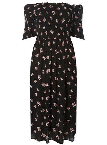 Dorothy Perkins Black Floral Print Sheered Midi Bardot Dress