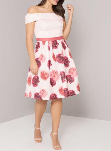 Dorothy Perkins *chi Chi London Pink Floral Print Midi Bardot Dress