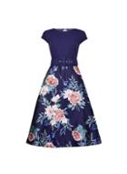 *luxe Navy Floral Print Belted Midi Skater Dress