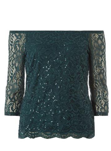 Dorothy Perkins Green Sequin Embellished Lace Bardot Top
