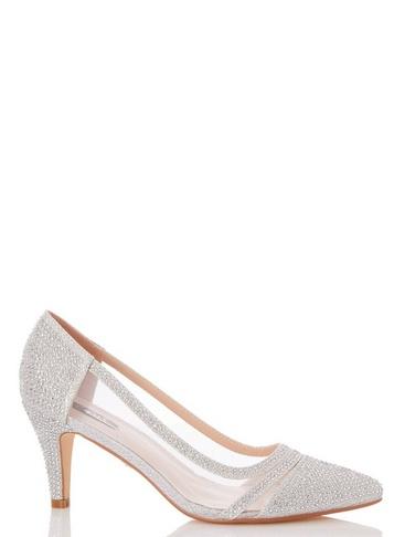 *quiz Silver Diamante Mesh Mid Heel Courts