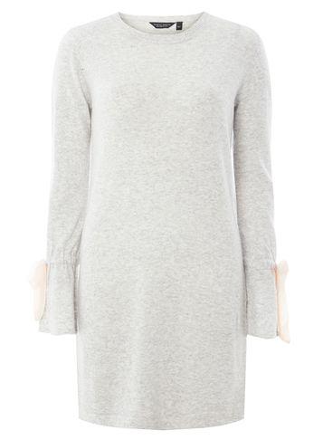 Dorothy Perkins Grey Knitted Tie Sleeve Tunic Jumper