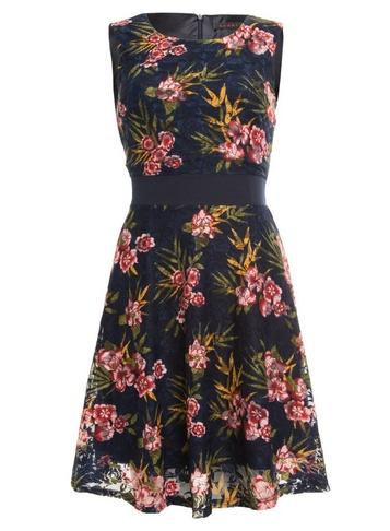 *tenki Blue Floral Print Lace Dress