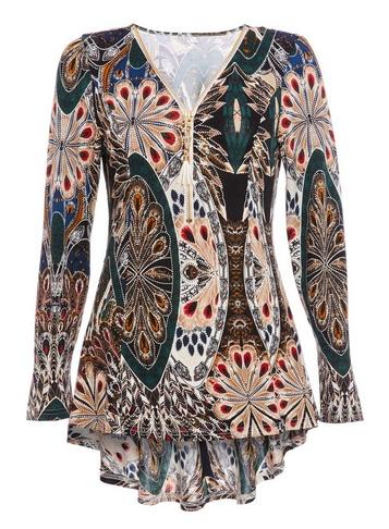 *quiz Green Peacock Print Dip Hem Zip Top