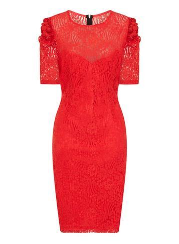 Dorothy Perkins *paper Dolls Orange All Over Lace Pencil Dress