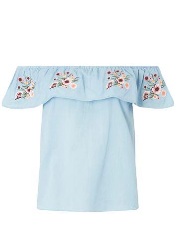 Dorothy Perkins Petite Chambray Embroidered Bardot Top