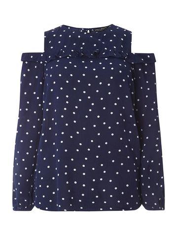 Dorothy Perkins Navy Polka Dot Frill Cold Shoulder Top