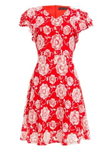 *tenki Red Floral Print Lace Dress
