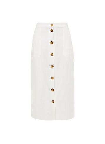 Dorothy Perkins White Button Linen Midi Skirt