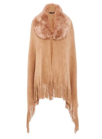 Dorothy Perkins *quiz Taupe Faux Fur Trim Poncho