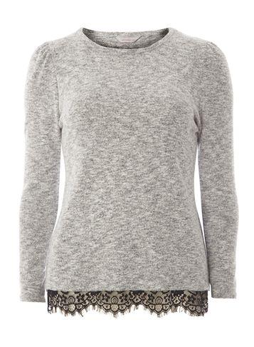 Dorothy Perkins Petite Grey Lace Hem Puff Sleeve Top
