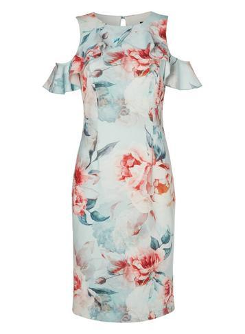 Dorothy Perkins *roman Originals Green Floral Print Cold Shoulder Dress