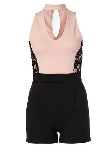 Dorothy Perkins *quiz Nude And Black Lace Panel Choker Playsuit