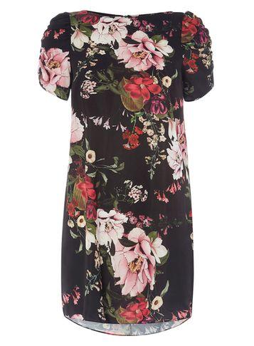 Dorothy Perkins Petite Black Floral Print Ruched Sleeve Shift Dress