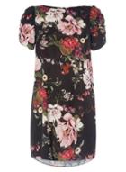 Dorothy Perkins Petite Black Floral Print Ruched Sleeve Shift Dress