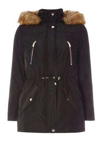 Dorothy Perkins Petite Black Parka With Faux Fur Hood