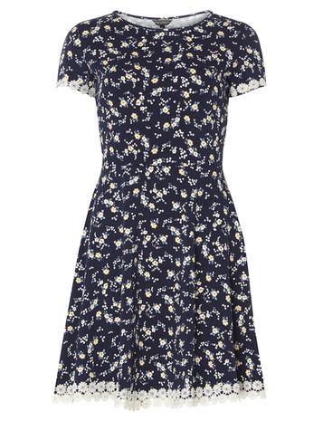 Dorothy Perkins Navy Ditsy Daisy Trim Fit & Flare Dress