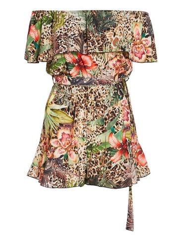 *quiz Brown Leopard And Floral Print Bardot Playsuit