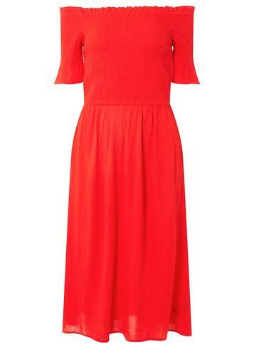 Dorothy Perkins Red Shirred Bardot Midi Skater Dress