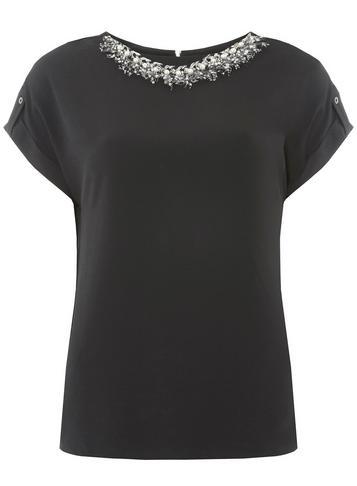 Dorothy Perkins Black Feather Neck Embellished T-shirt