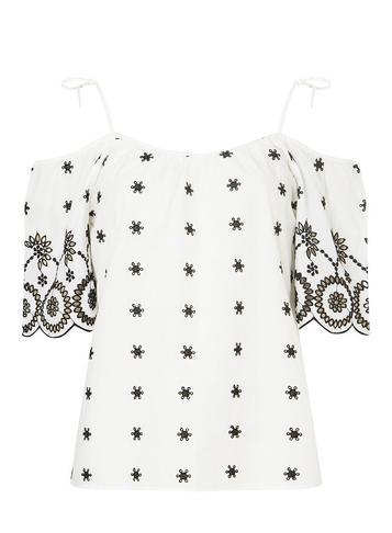 Dorothy Perkins White Cold Shoulder Contrast Broderie Top