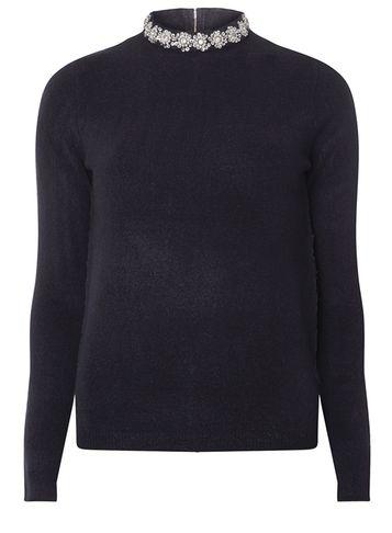 Dorothy Perkins Navy Pearl Embellished Neck Jumper