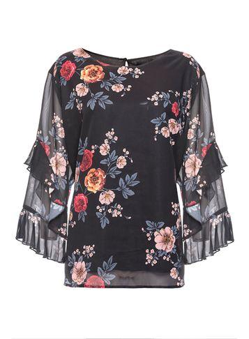 Dorothy Perkins *quiz Black Floral Print Double Frill Sleeve Top