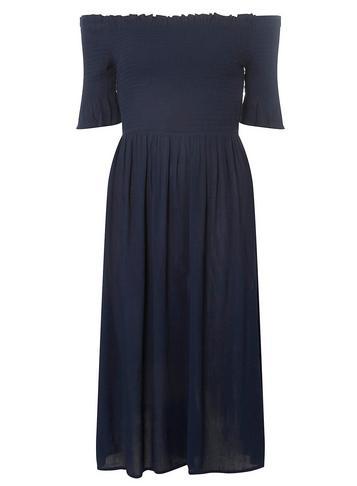 Dorothy Perkins Navy Shirred Midi Bardot Dress