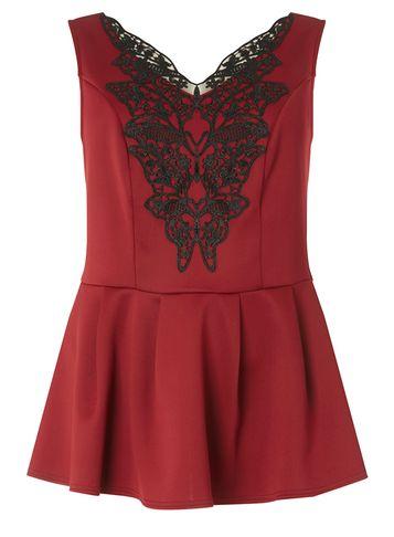 Dorothy Perkins Dp Curve Berry Lace Trim Detail Peplum Top
