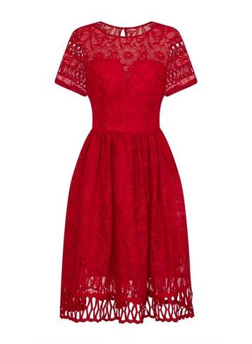 *chi Chi London Red Crochet Midi Skater Dress