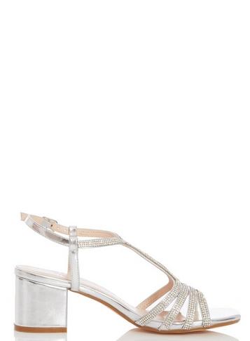 *quiz Silver Diamante Strap Block Heel Sandals