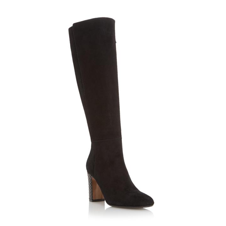 Dune Black Suri Suede Knee High Boot With Snake Print Heel
