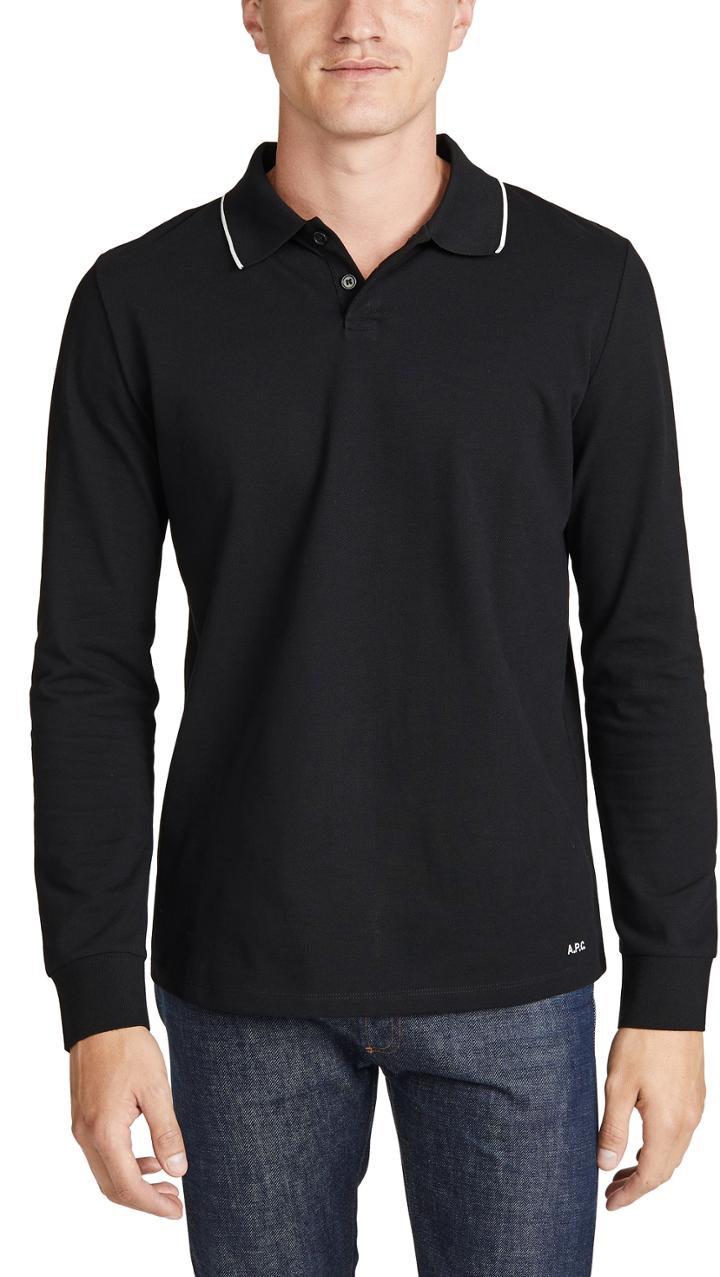 A P C Long Sleeve Pique Polo Shirt