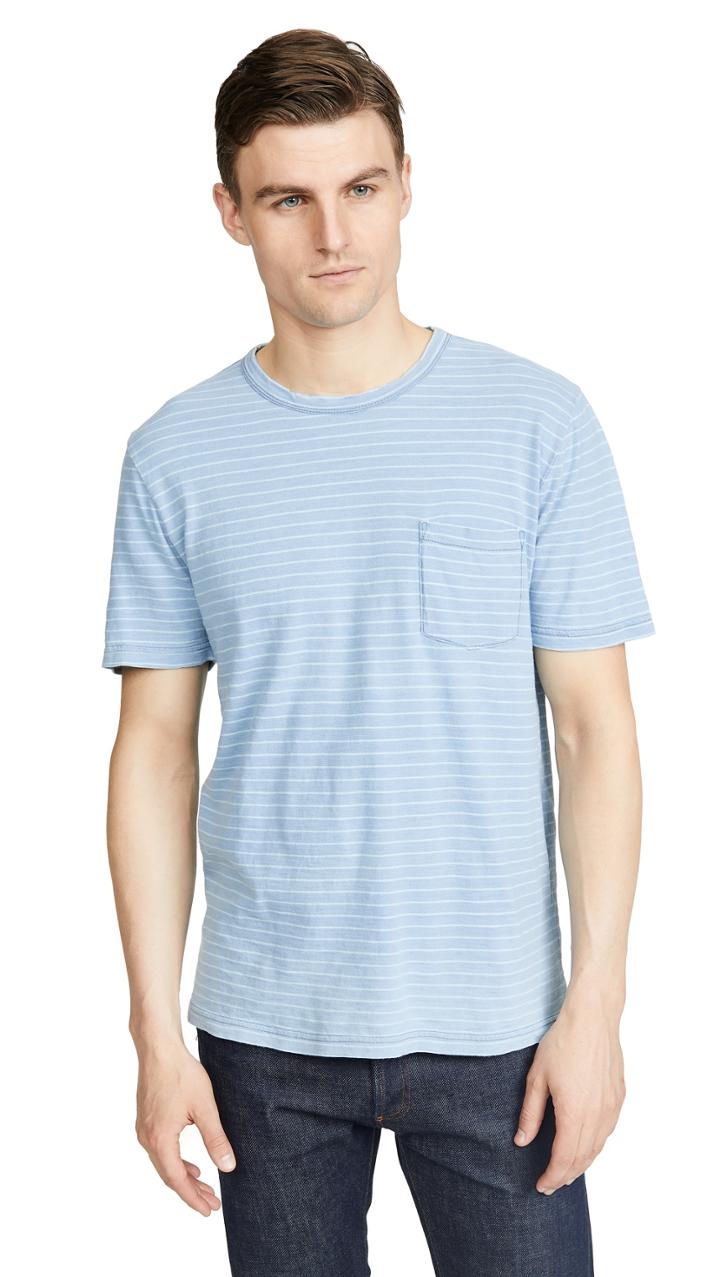 Faherty Short Sleeve Indigo Striped Pocket Tee
