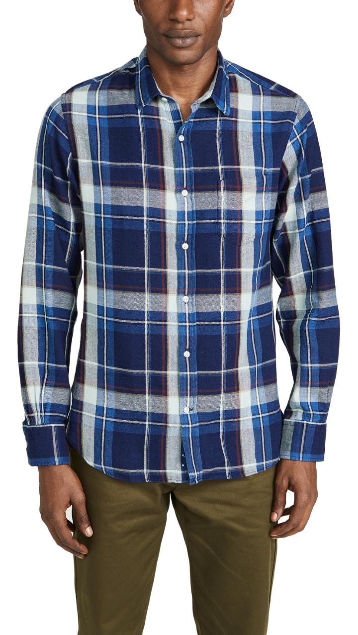 Officine Generale Indigo Check Button Down Shirt