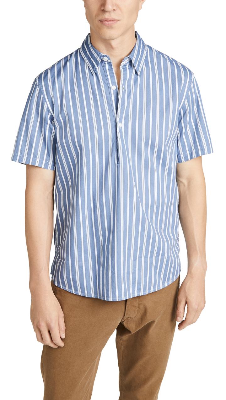 Club Monaco Short Sleeve Button Down Striped Popover Shirt