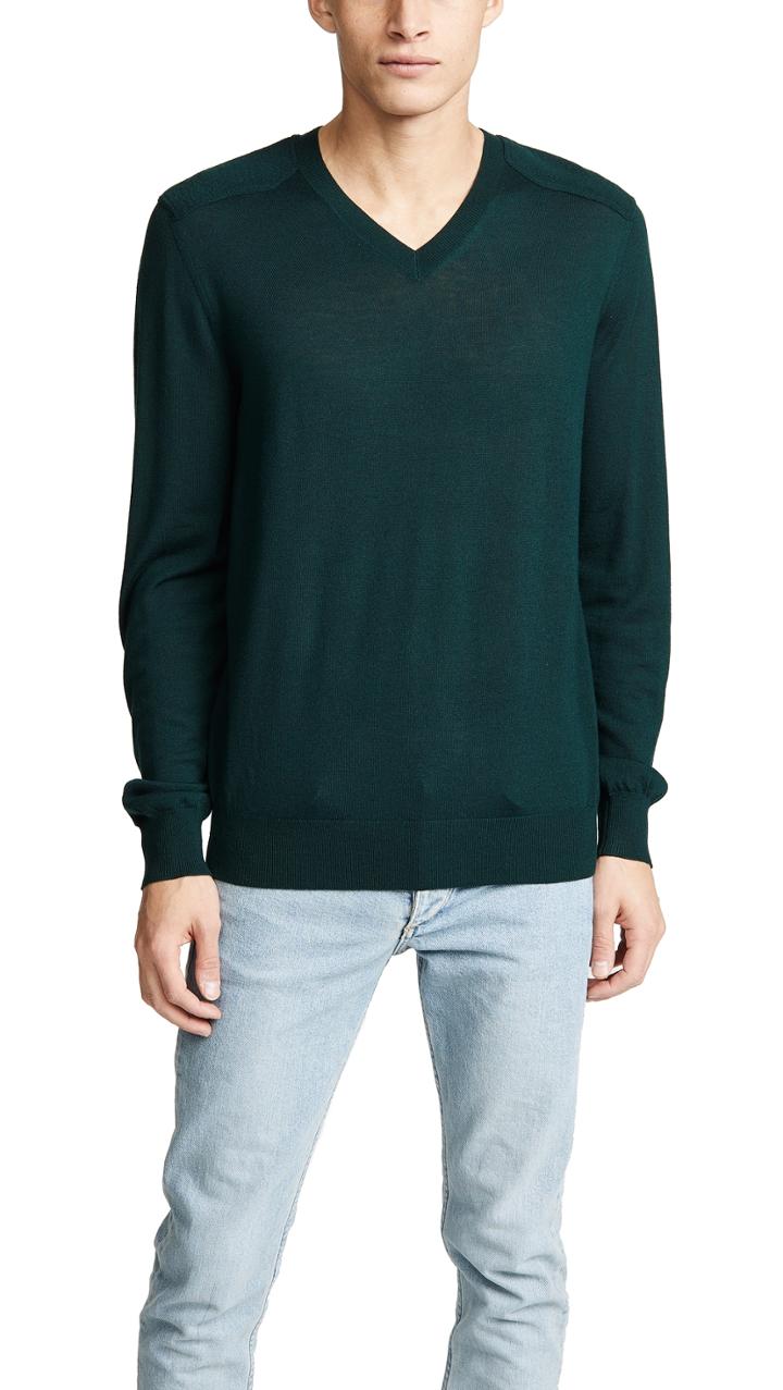 Vince Merino Wool Elbow Patch V Neck Sweater