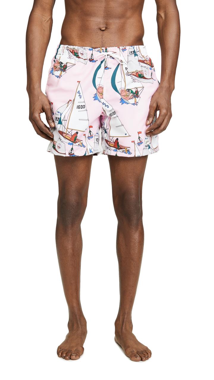 Bather Pink Sailboat Print Swim Trunks