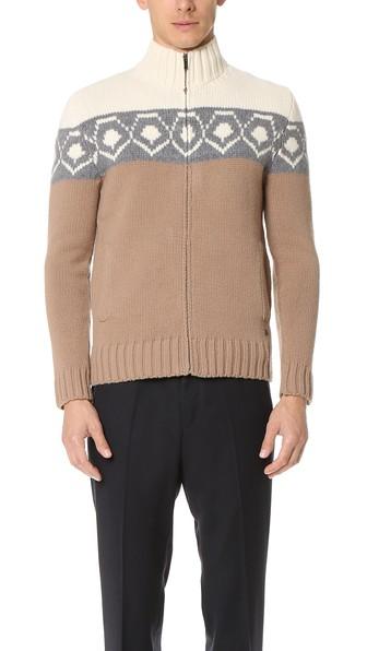 Z Zegna Placed Tricolor Jacquard Full Zip Cardigan