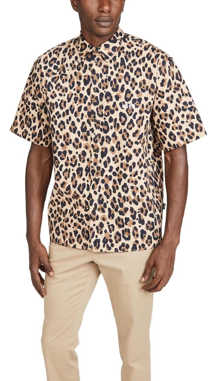 Msgm Leopard Print Short Sleeve Button Down Shirt