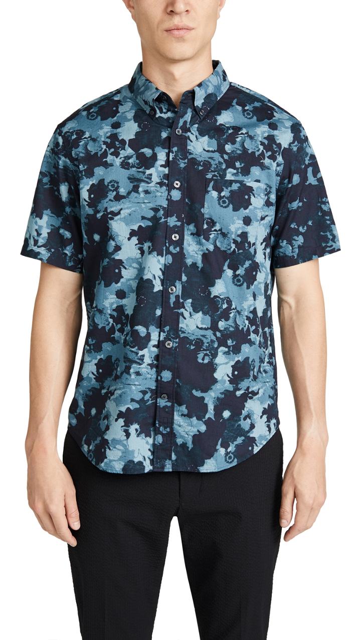 Club Monaco Photographic Floral Print Short Sleeve Button Down Shirt