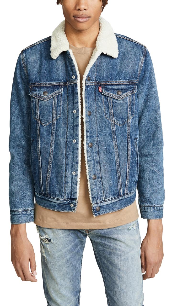 Levi S Red Tab Medium Wash Sherpa Trucker Denim Jacket