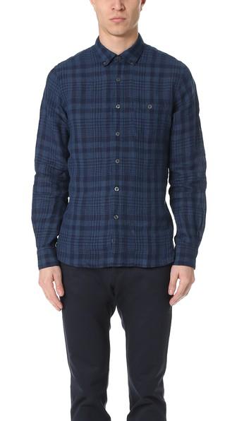 Todd Snyder Long Sleeve Linen Indigo Check Shirt
